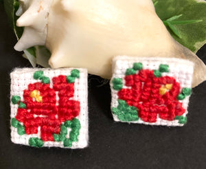 Embroidered Flower Earrings- RED