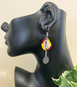 Beaded Maasai Cowrie Earrings- Red/Yellow