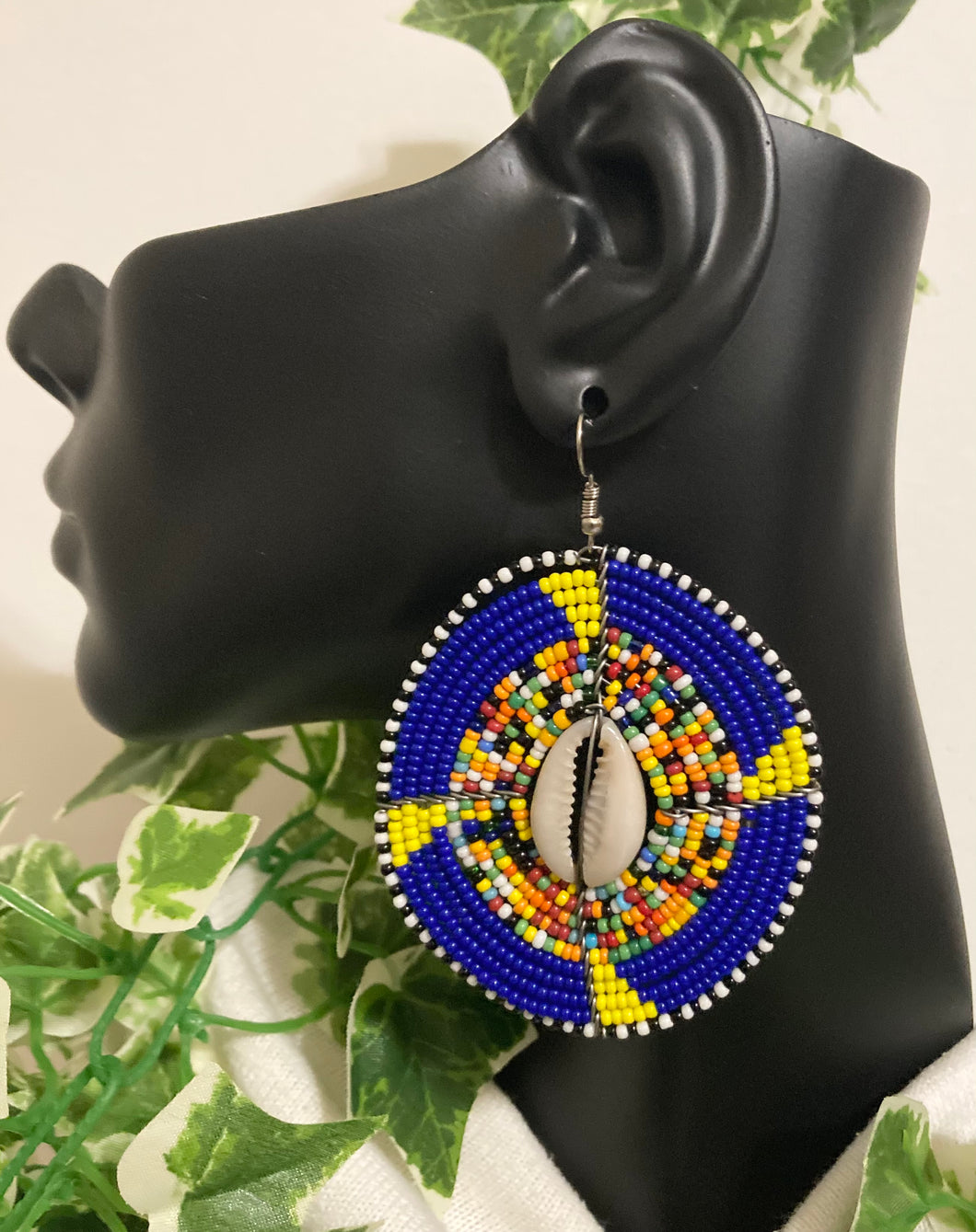 Maasai Beaded Earrings- (DARK BLUE w/ Yellow & Multicolor)