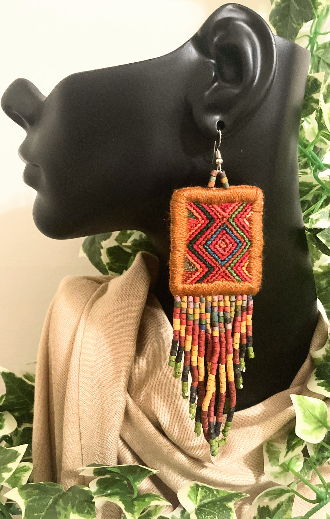 Vintage Mayan Textile Earrings (Orange)