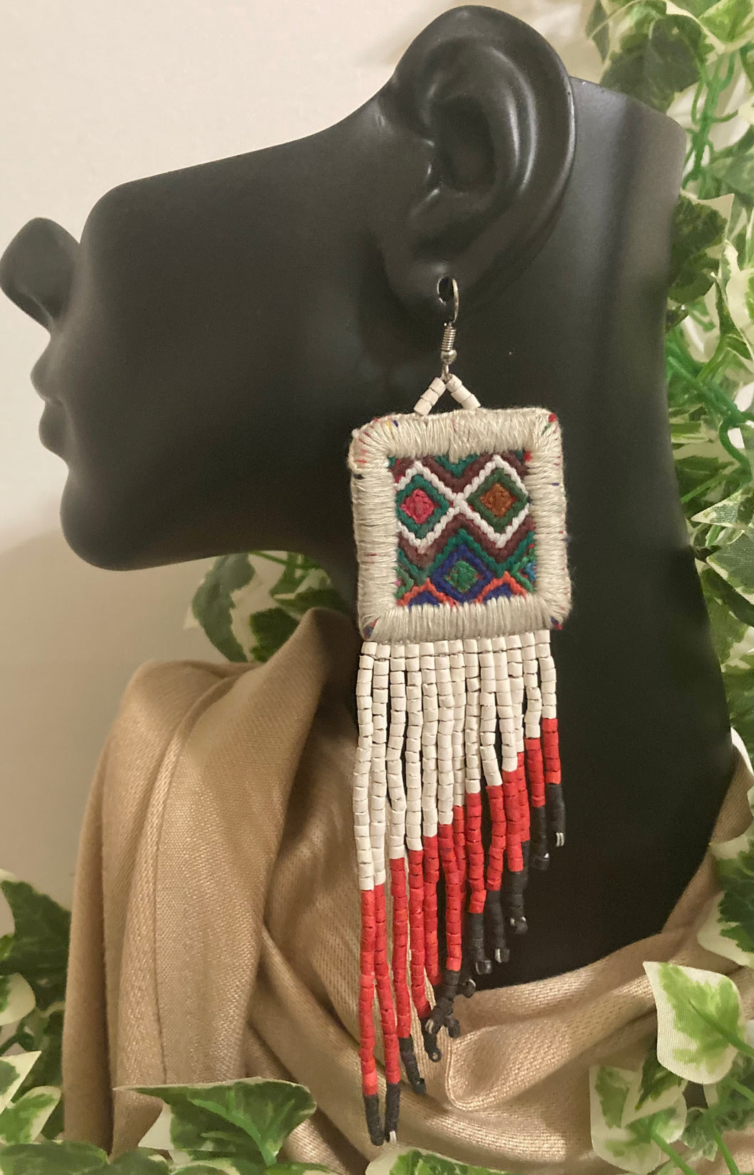 Vintage Mayan Textile Earrings (Red & White)
