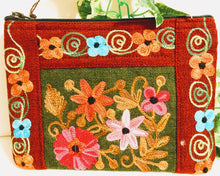 Load image into Gallery viewer, RED- Embroidered Floral 2-Zip Accessory Purse
