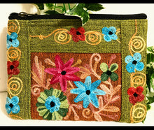 Load image into Gallery viewer, GREEN- Embroidered Floral 2-Zip Accessory Purse
