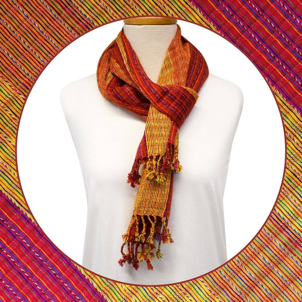 Online Handwoven Fire Scarf, 100% Georgia Ring Spun Hand dyed Cotton Scarf, Red Yellow Orange Black, Warm Color Accessories