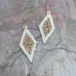 White & Gold Seed Bead Diamond Shaped Earrings