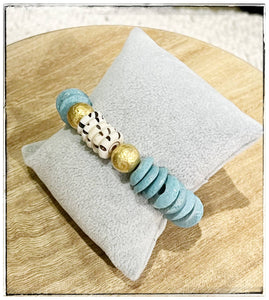 Ashanti Glass & Brass Bead Stretch Bracelet- Light Teal: 7”