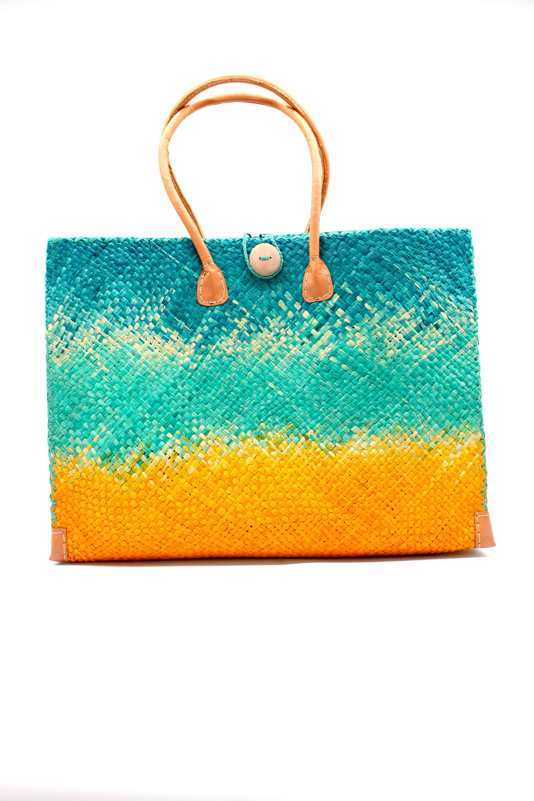 Turquoise & Saffron Ombre Large Straw Beach Bag w/ Plastic Liner