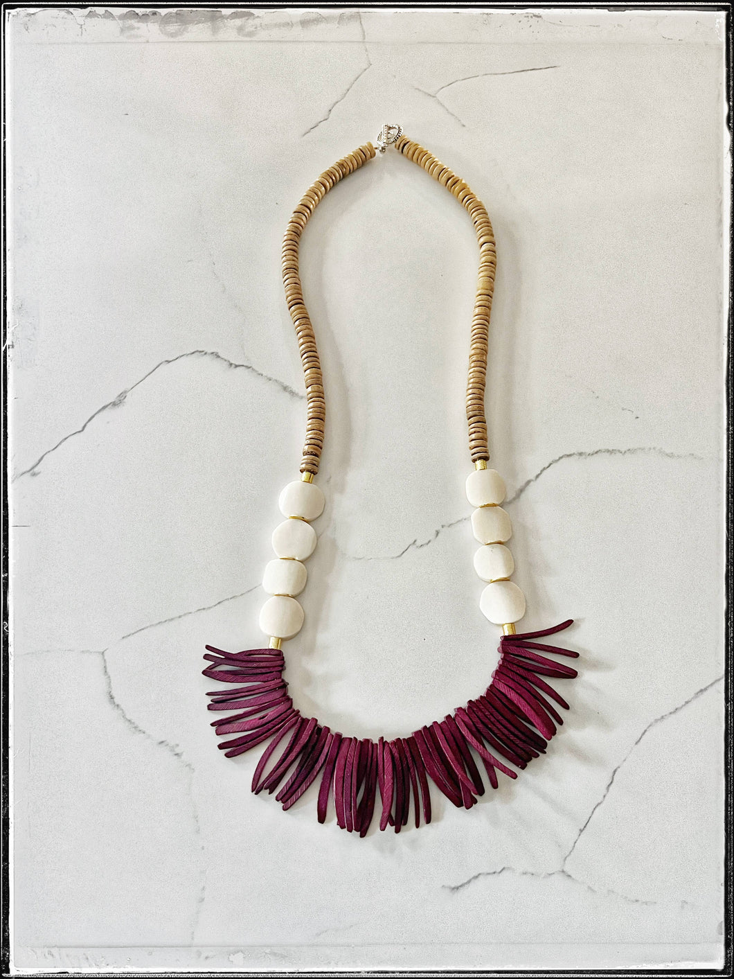 African Bone Bead & Maroon Coconut Wood Stick Bead Necklace