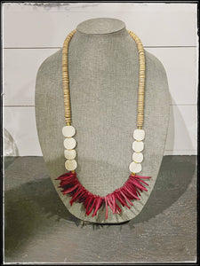 African Bone Bead & Maroon Coconut Wood Stick Bead Necklace