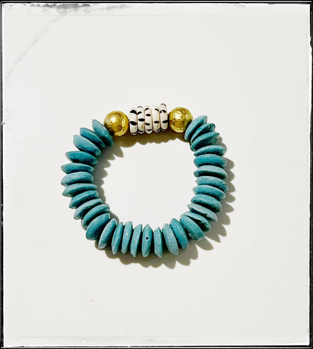 Ashanti Glass & Brass Bead Stretch Bracelet- Light Teal: 7”