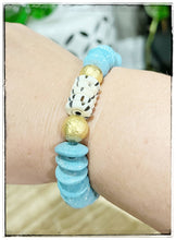 Load image into Gallery viewer, Ashanti Glass &amp; Brass Bead Stretch Bracelet- Light Teal: 7”
