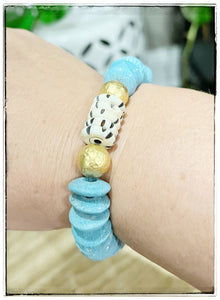 Ashanti Glass & Brass Bead Stretch Bracelet- Light Teal: 7”