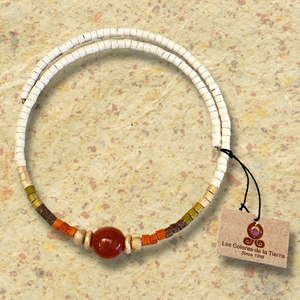 Beaded Choker Necklace with Centered Semi-Precious Stone - White/Red Jasper