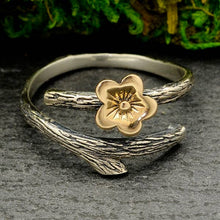 Load image into Gallery viewer, Silver Branch Ring with Bronze Cherry Blossom - Adjustable
