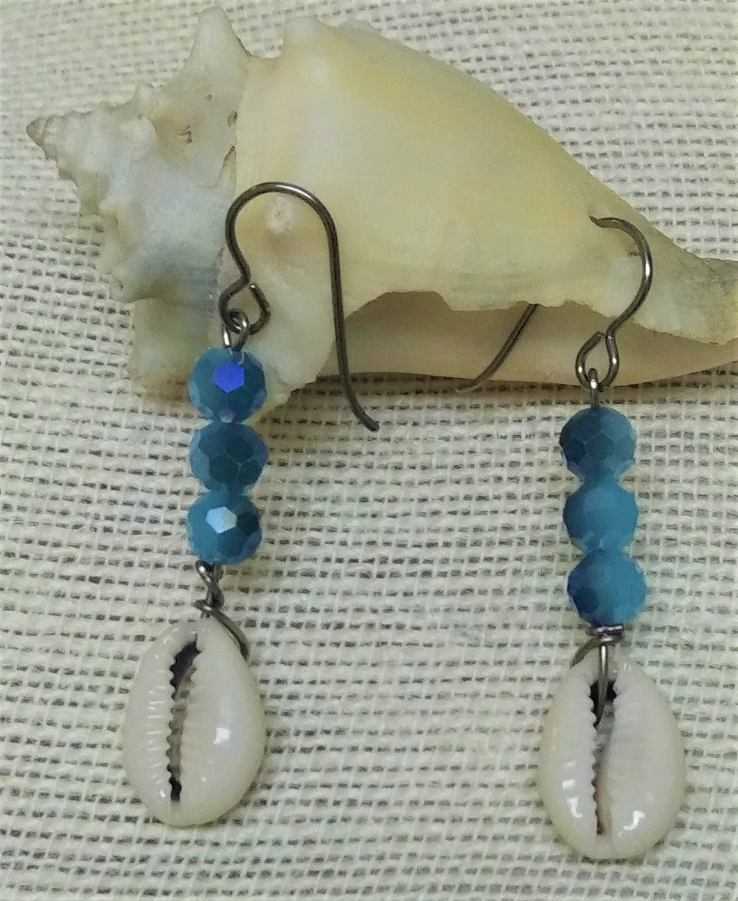 Blue Beaded Cowrie Shell Earrings