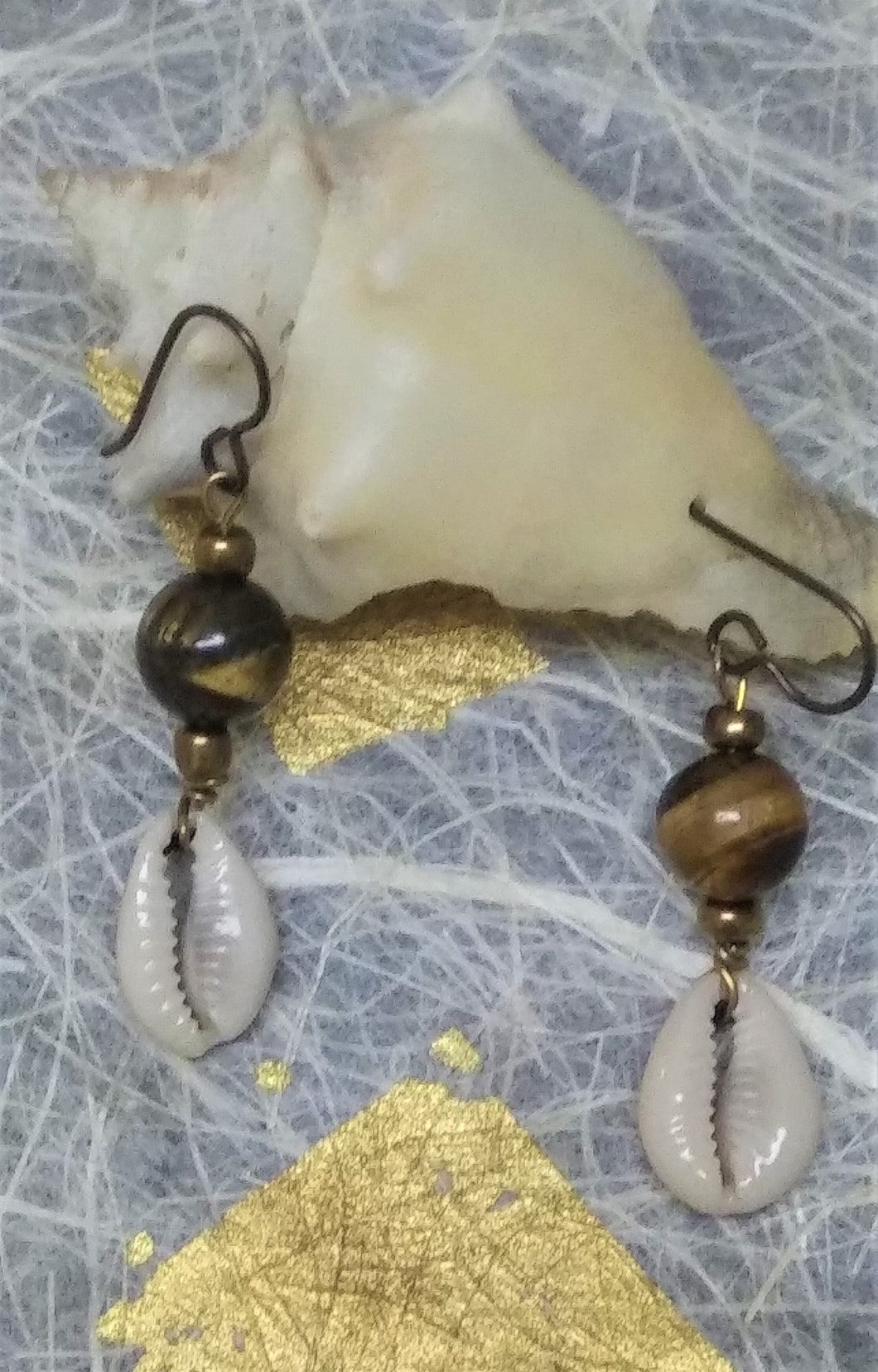 Tiger Eye Cowrie Shell Earrings