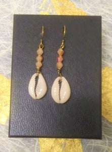 Peach Beaded Cowrie Shell Earrings