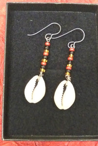 Red Black and Gold Cowrie Shell Earrings