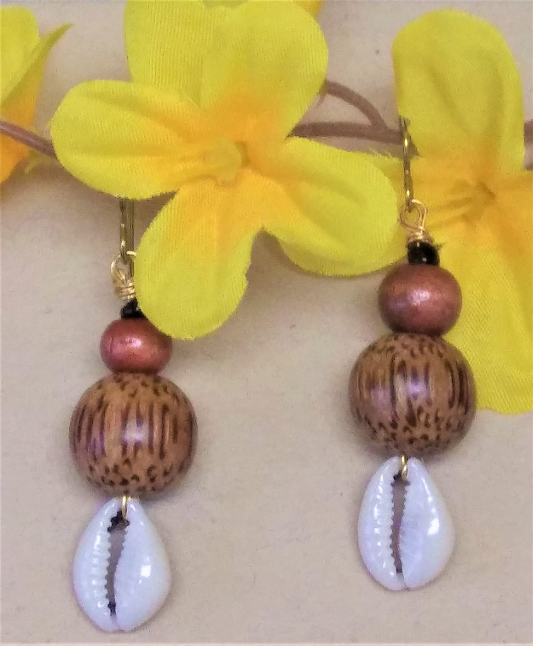 Wooden Beaded Earrings with Cowrie Shells