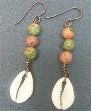 Load image into Gallery viewer, Green and Pink Unakite Cowrie Shell Earring

